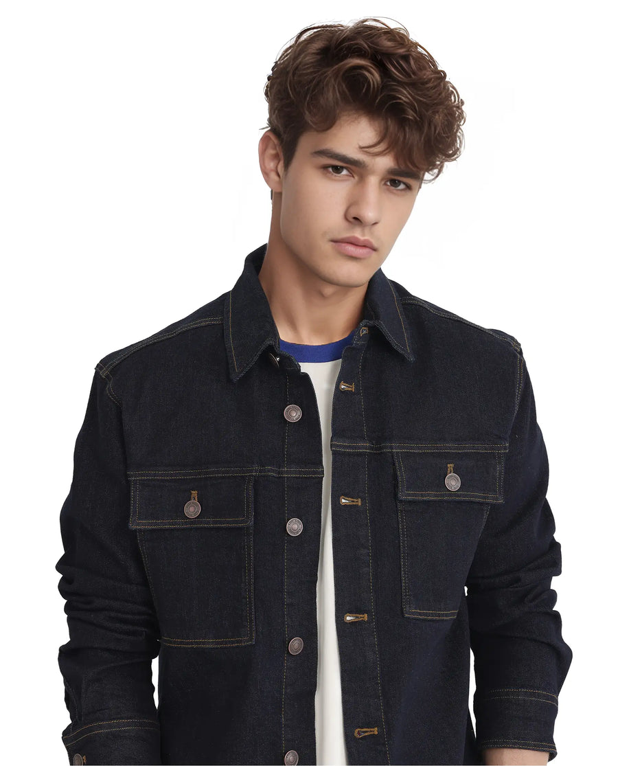 Rare Rabbit Men's Yulio Navy Cotton Plain Slim Fit Full Sleeve Spread Collar Jacket