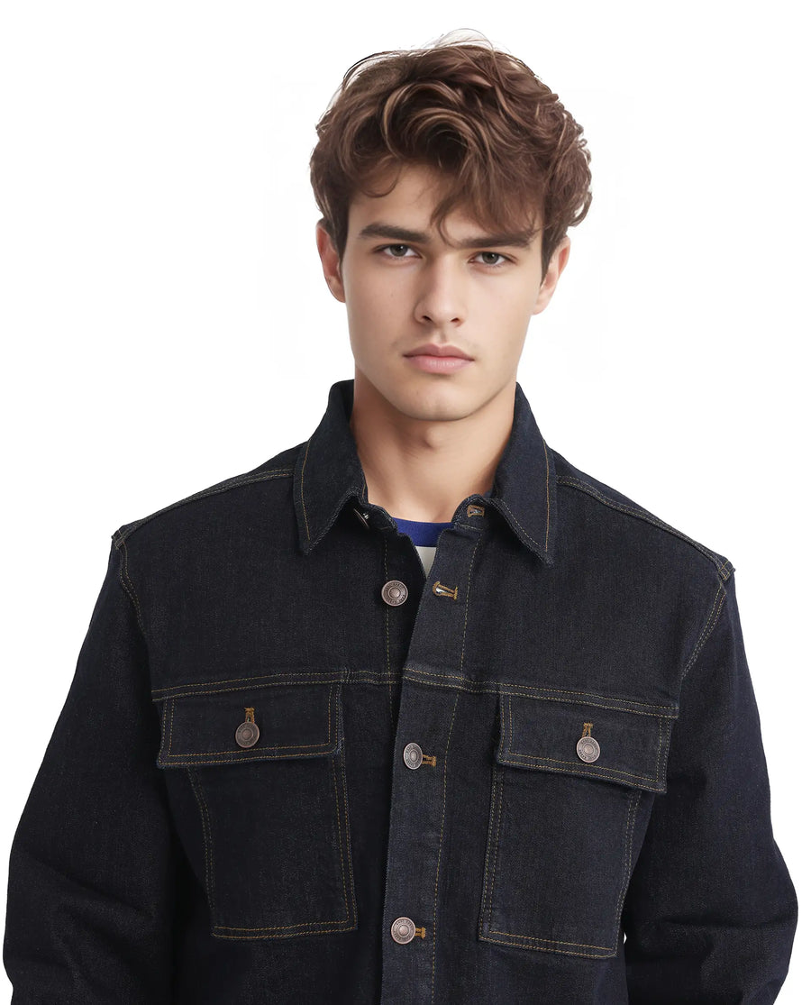 Rare Rabbit Men's Yulio Navy Cotton Plain Slim Fit Full Sleeve Spread Collar Jacket