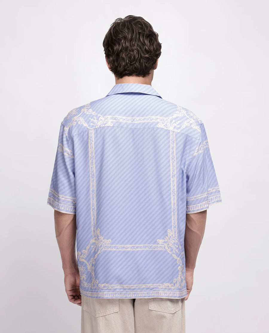 Rare Rabbit Men's Yuna Purple Viscose Placement Print Boxy Fit Half Sleeve Cuban Collar Shirt