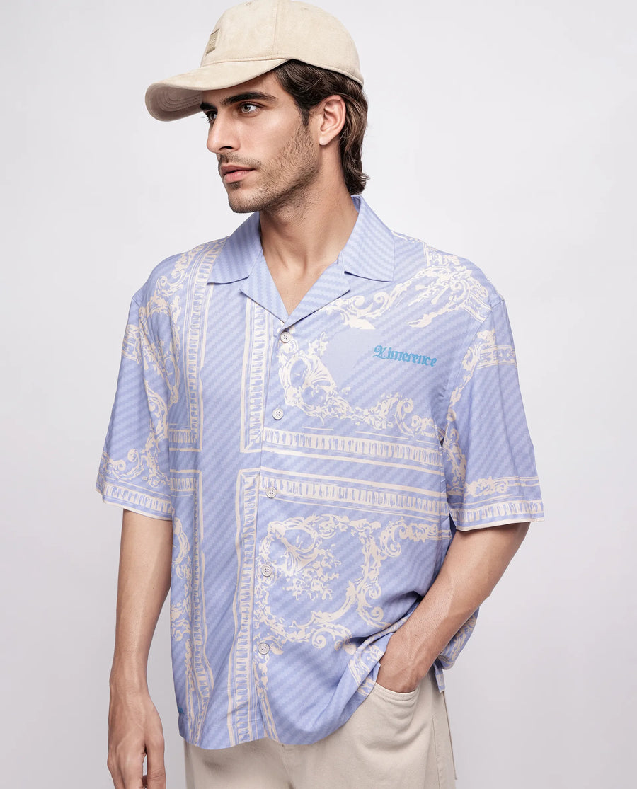 Rare Rabbit Men's Yuna Purple Viscose Placement Print Boxy Fit Half Sleeve Cuban Collar Shirt
