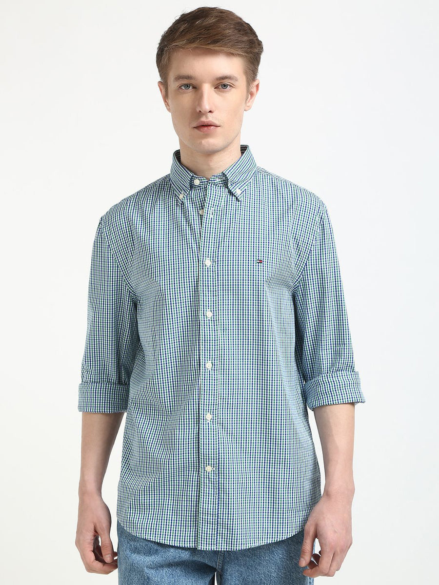 Tommy Hilfiger Men Button-Down Collar Micro Checked Cotton Relaxed Fit Casual Shirt