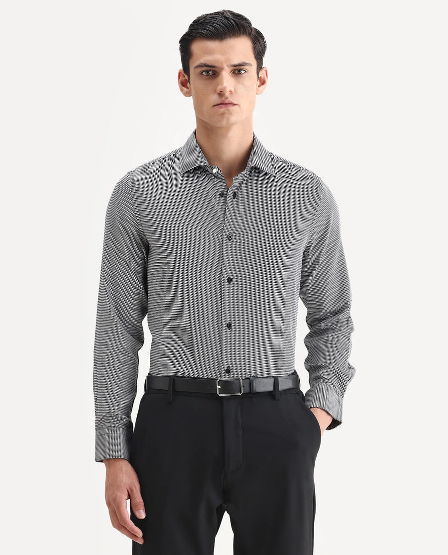 Rare Rabbit Men's Zack Black Cotton Fabric Collared Neck Regular Fit Jacquard Shirt