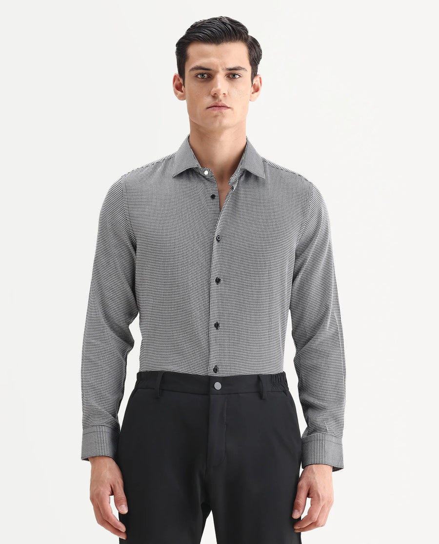 Rare Rabbit Men's Zack Black Cotton Fabric Collared Neck Regular Fit Jacquard Shirt