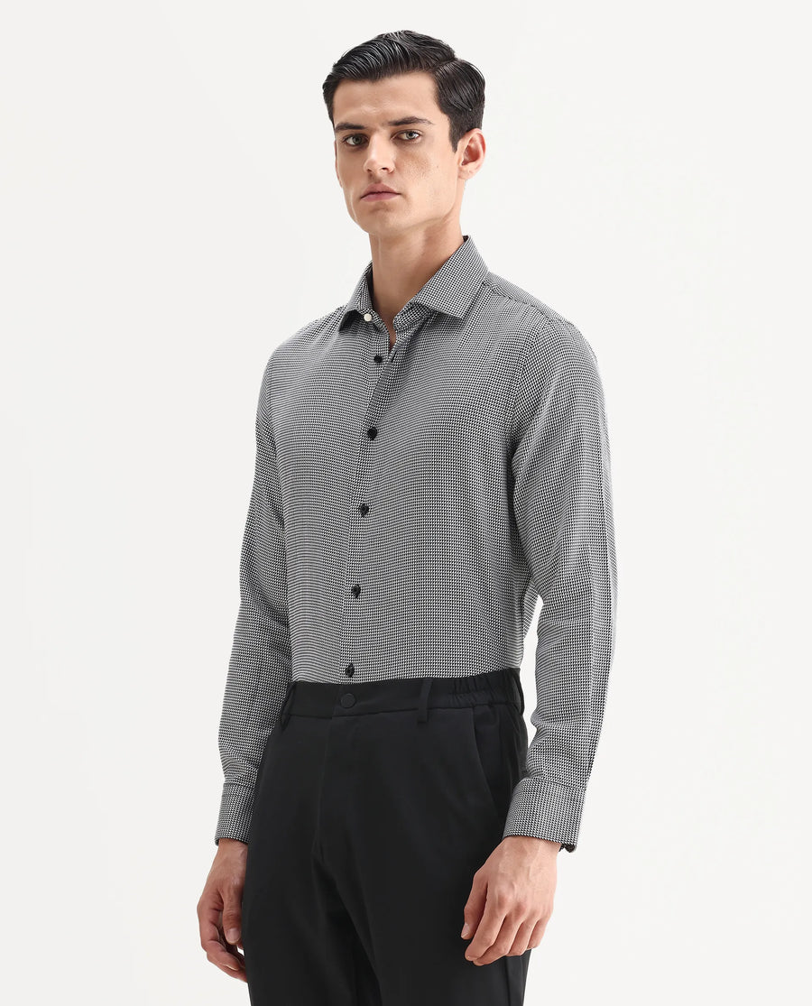 Rare Rabbit Men's Zack Black Cotton Fabric Collared Neck Regular Fit Jacquard Shirt