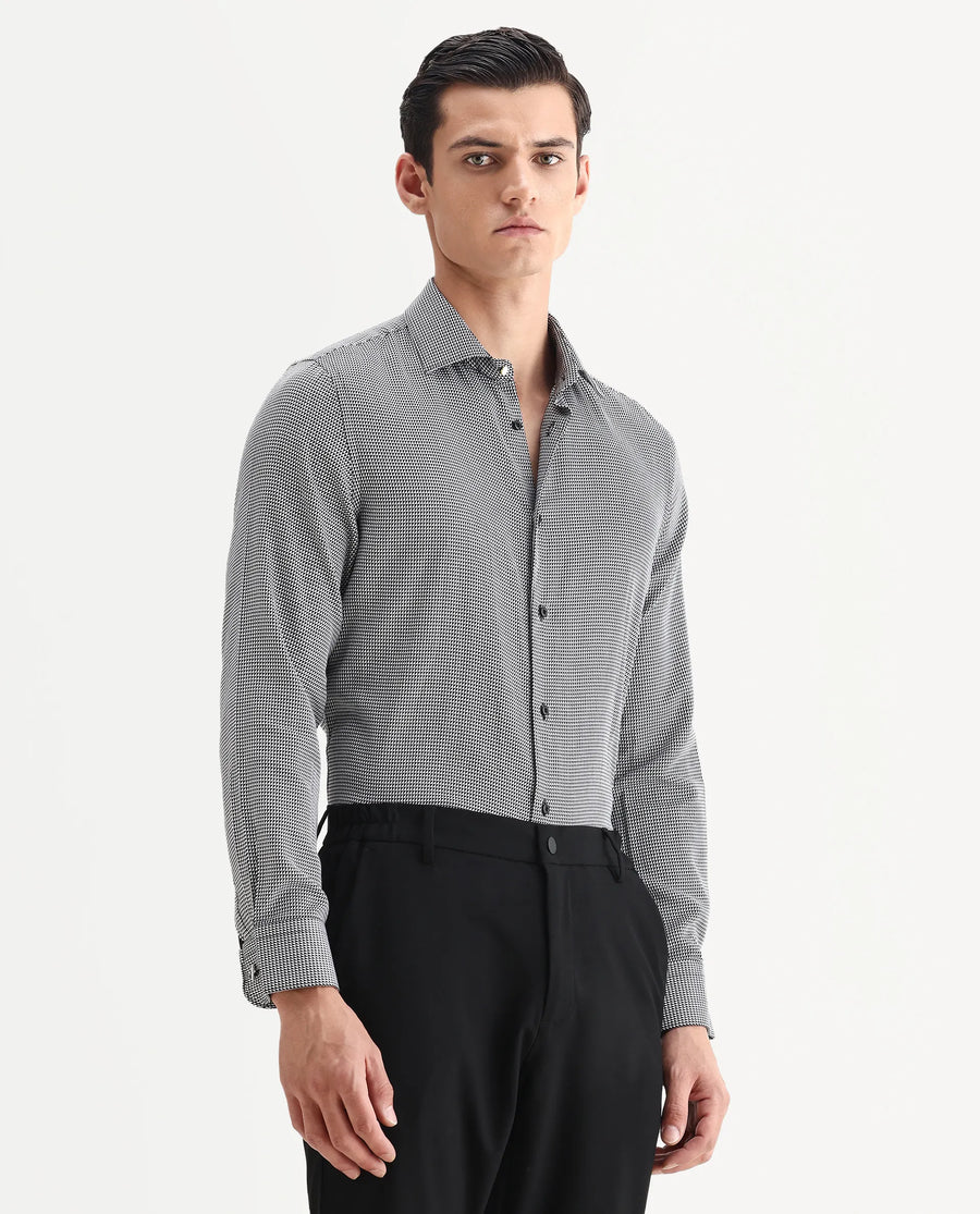 Rare Rabbit Men's Zack Black Cotton Fabric Collared Neck Regular Fit Jacquard Shirt