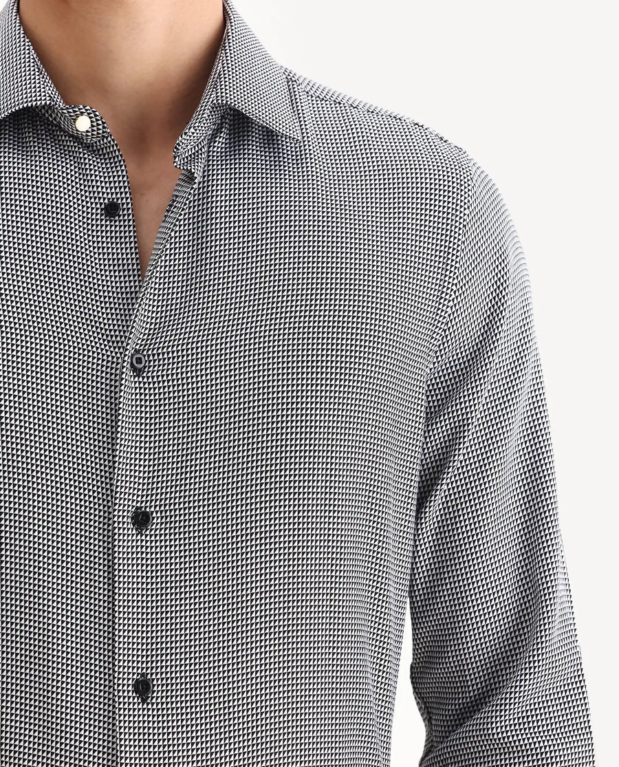 Rare Rabbit Men's Zack Black Cotton Fabric Collared Neck Regular Fit Jacquard Shirt