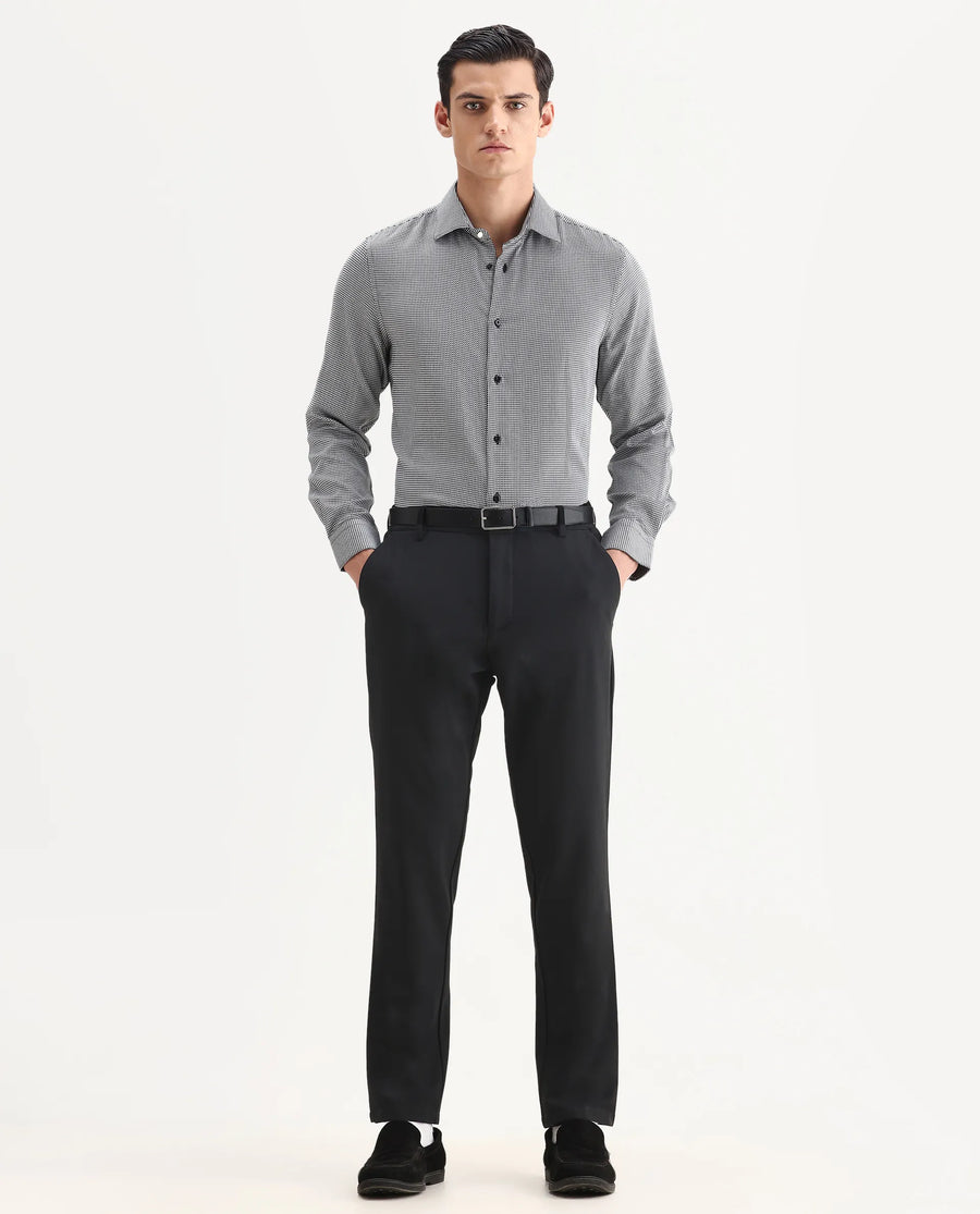 Rare Rabbit Men's Zack Black Cotton Fabric Collared Neck Regular Fit Jacquard Shirt