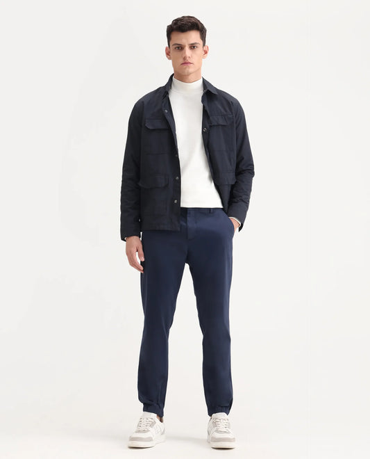 Rare Rabbit Men's Zade Navy Cotton Blend Plain Regular Fit Trouser
