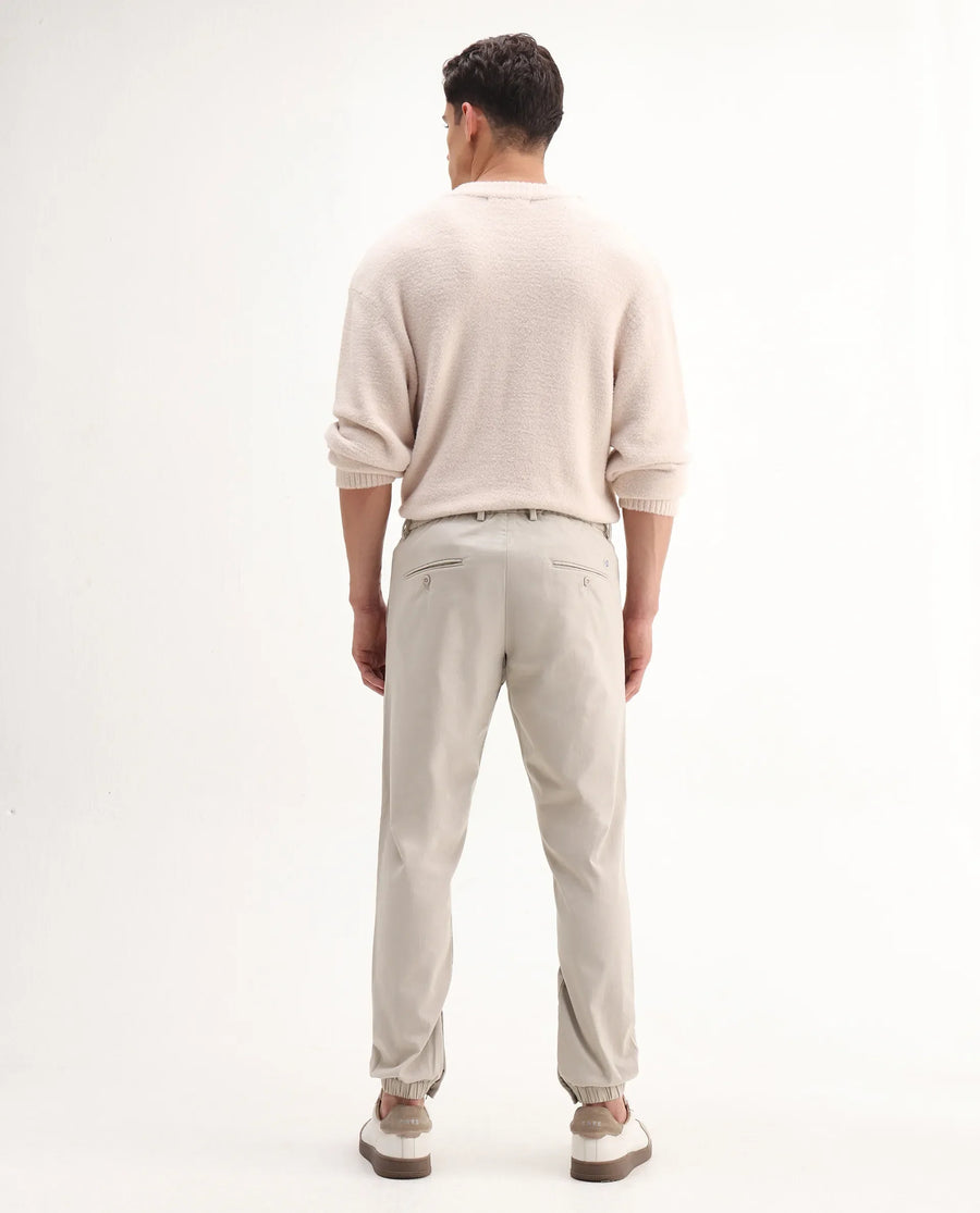 Rare Rabbit Men's Zade-N Light Beige Cotton Blend Plain Regular Fit Trouser