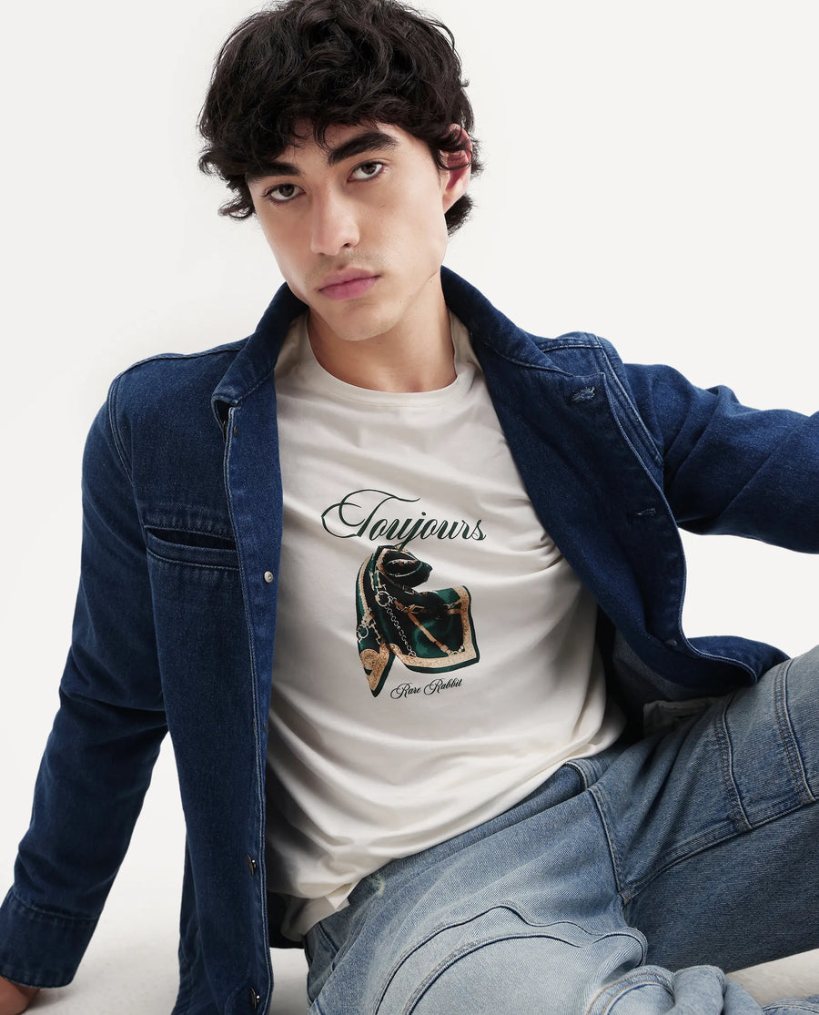 Rare Rabbit Men's Zaf Off White Cotton Blend Fabric Crew Neck Regular Fit Graphic Print T-Shirt