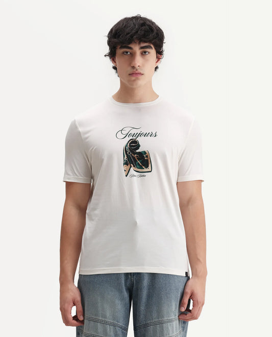 Rare Rabbit Men's Zaf Off White Cotton Blend Fabric Crew Neck Regular Fit Graphic Print T-Shirt