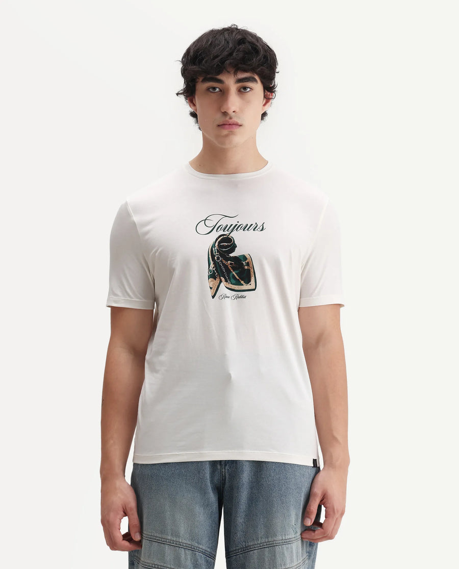Rare Rabbit Men's Zaf Off White Cotton Blend Fabric Crew Neck Regular Fit Graphic Print T-Shirt