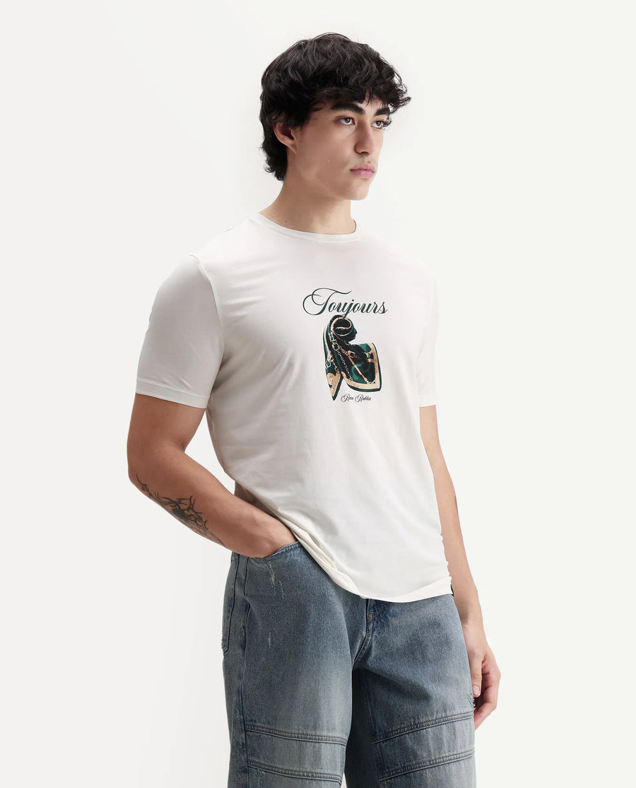 Rare Rabbit Men's Zaf Off White Cotton Blend Fabric Crew Neck Regular Fit Graphic Print T-Shirt
