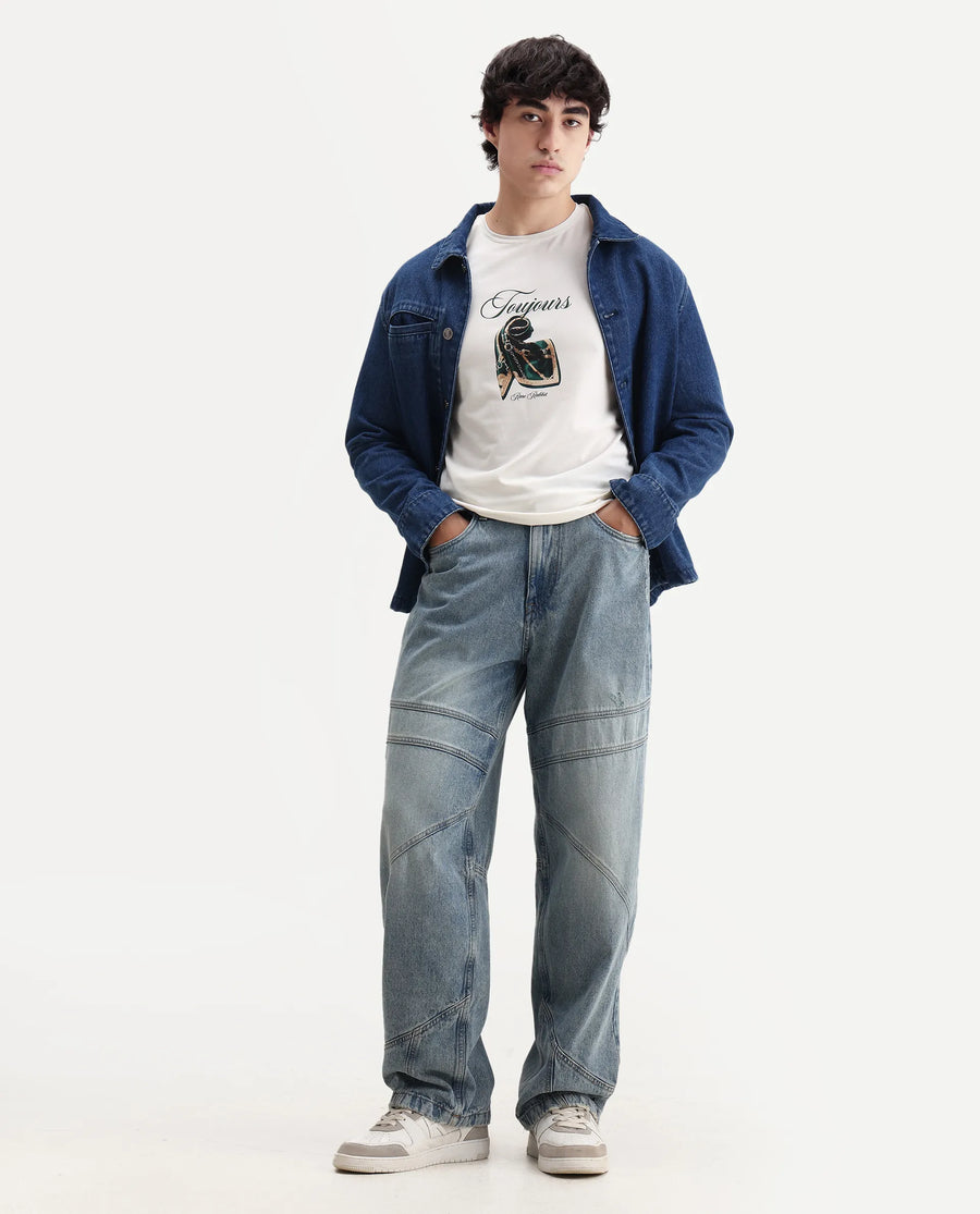 Rare Rabbit Men's Zaf Off White Cotton Blend Fabric Crew Neck Regular Fit Graphic Print T-Shirt
