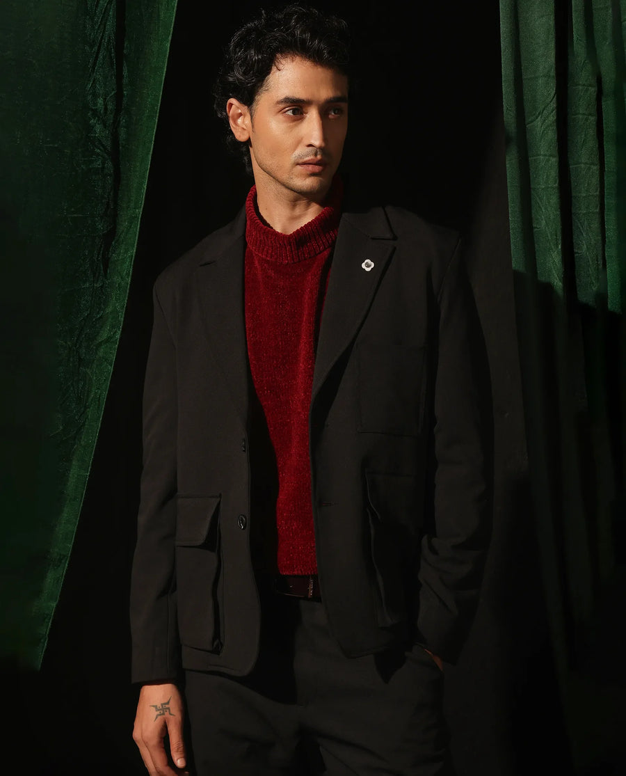 Rare Rabbit Men's Zalfo Black Polyester Plain Regular Fit Full Sleeve Lapel Neck Jacket