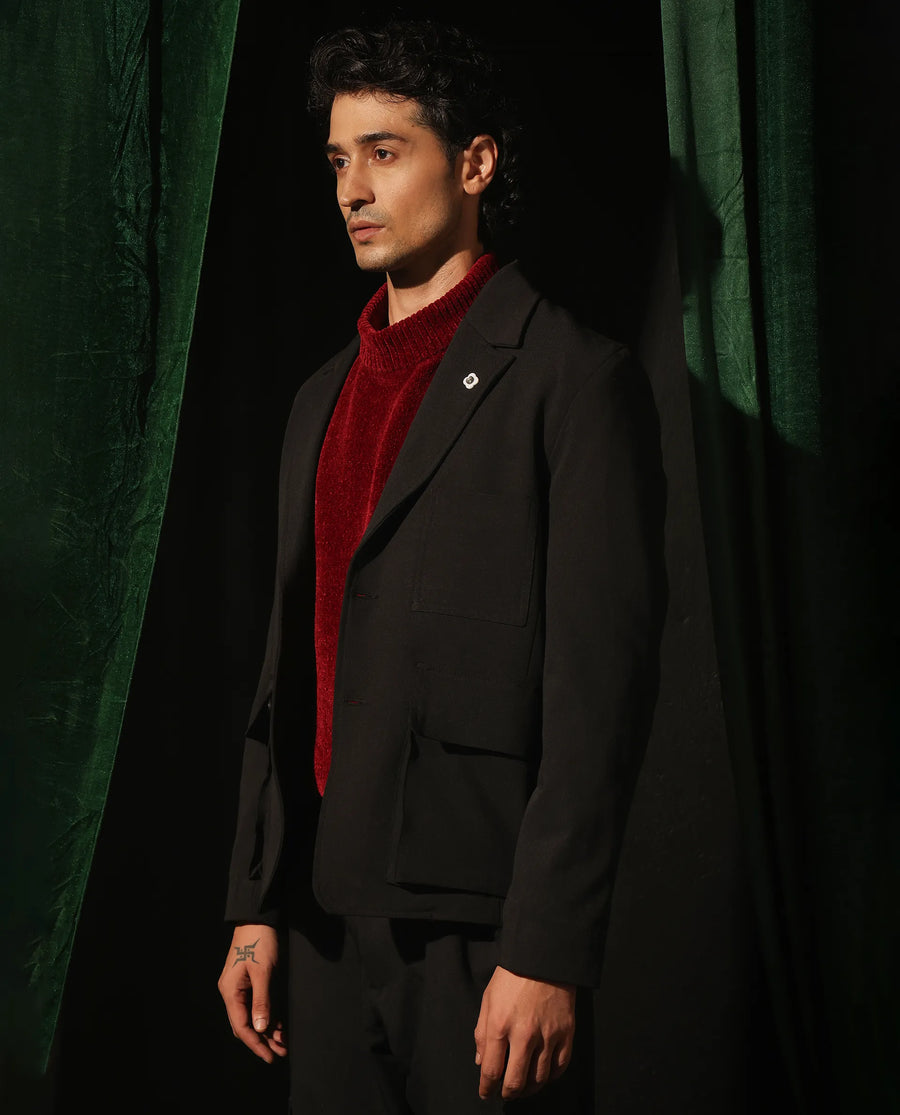 Rare Rabbit Men's Zalfo Black Polyester Plain Regular Fit Full Sleeve Lapel Neck Jacket