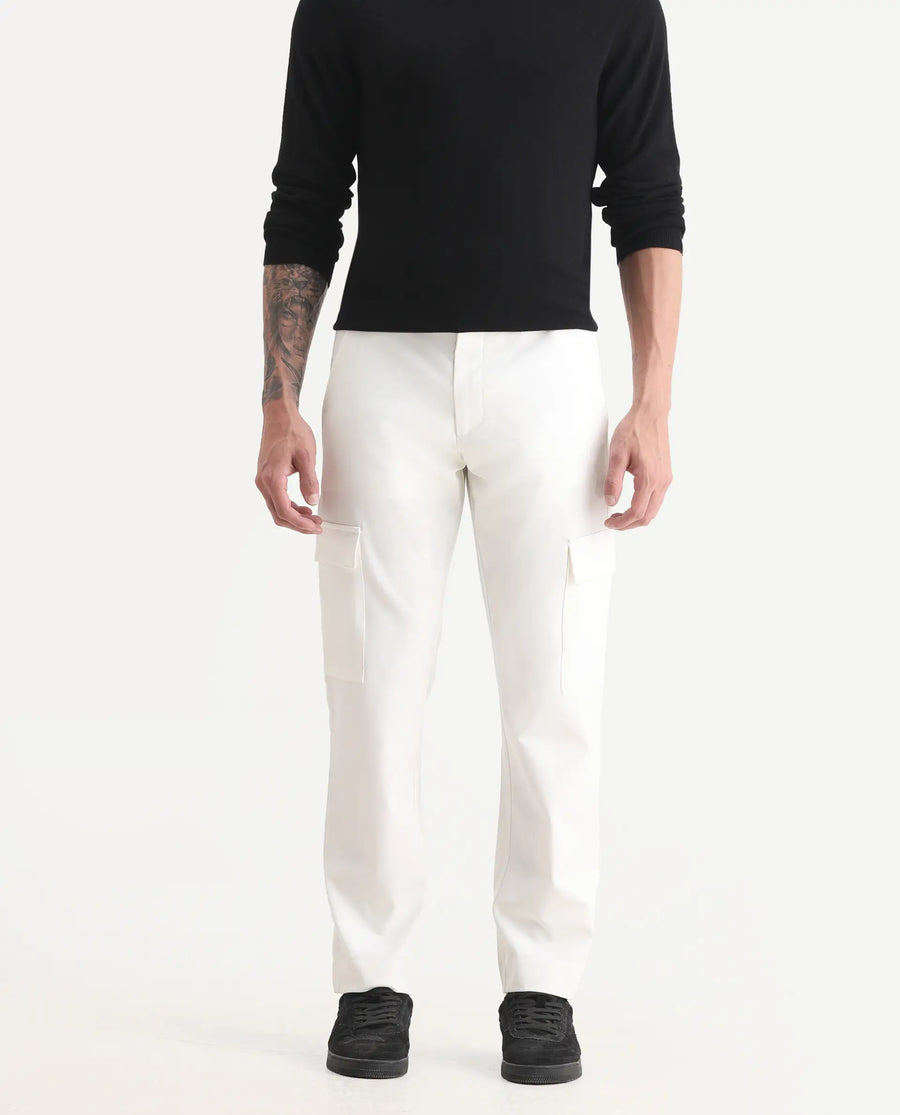 Rare Rabbit Men's Zal Off White Polyester Plain Relaxed Fit Trouser