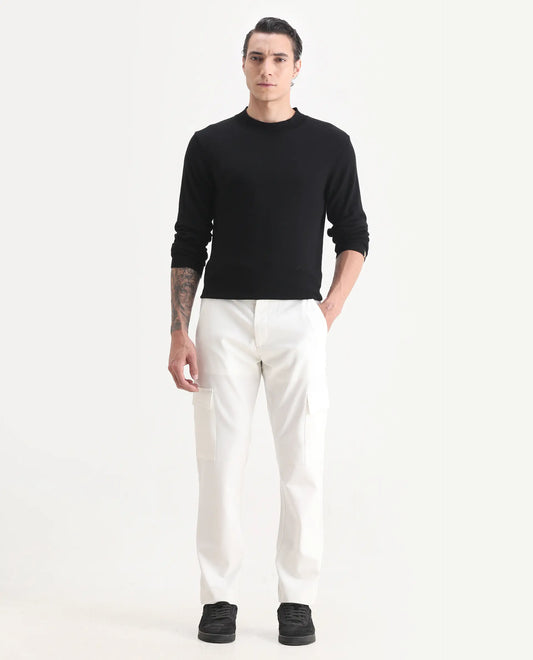 Rare Rabbit Men's Zal Off White Polyester Plain Relaxed Fit Trouser