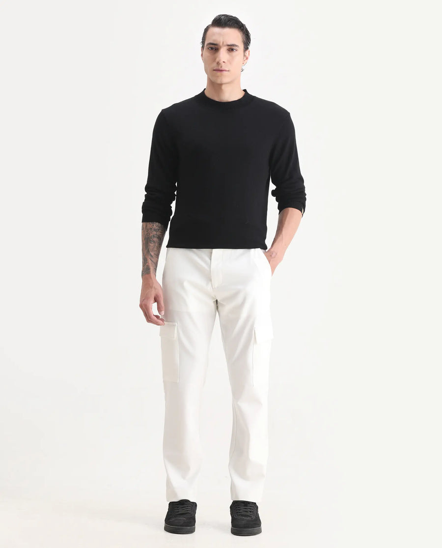 Rare Rabbit Men's Zal Off White Polyester Plain Relaxed Fit Trouser