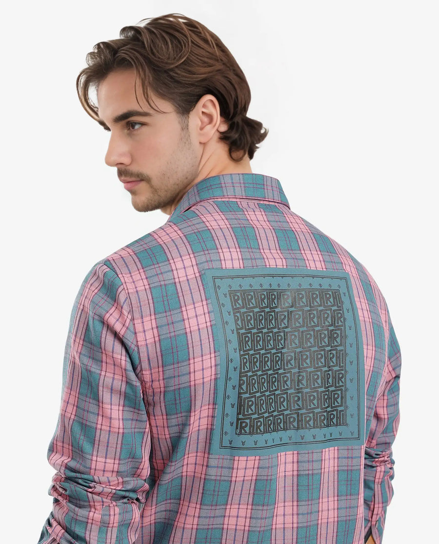 Rare Rabbit Men's Zamb Dark Turq Cotton Checked Print Oversized Fit Full Sleeve Collared Shirt