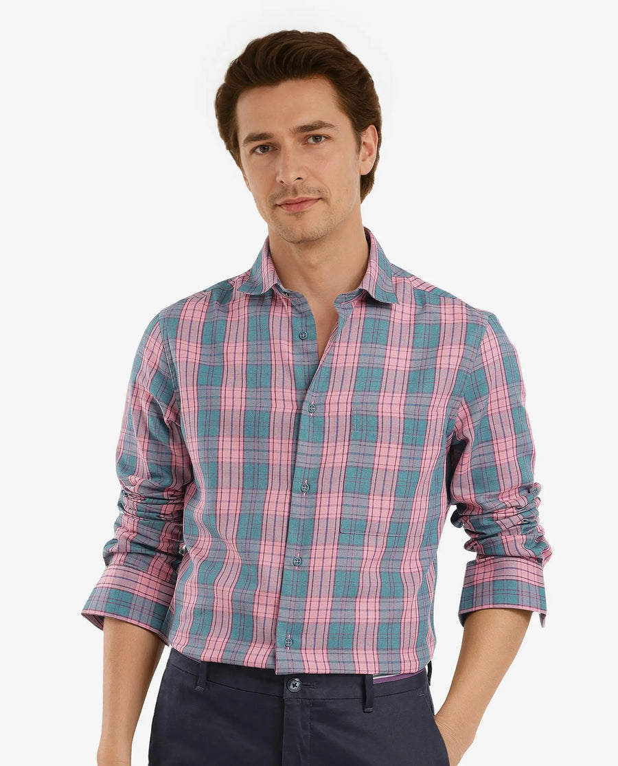 Rare Rabbit Men's Zamb Dark Turq Cotton Checked Print Oversized Fit Full Sleeve Collared Shirt