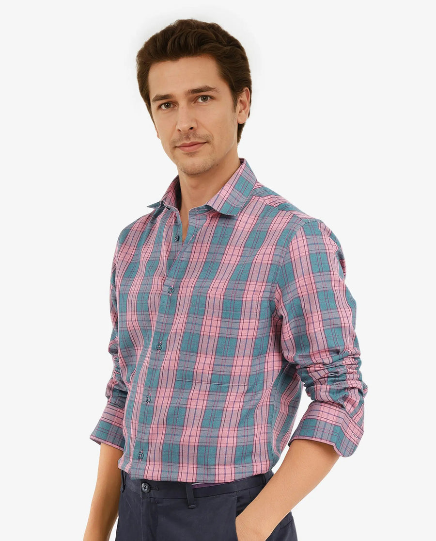 Rare Rabbit Men's Zamb Dark Turq Cotton Checked Print Oversized Fit Full Sleeve Collared Shirt