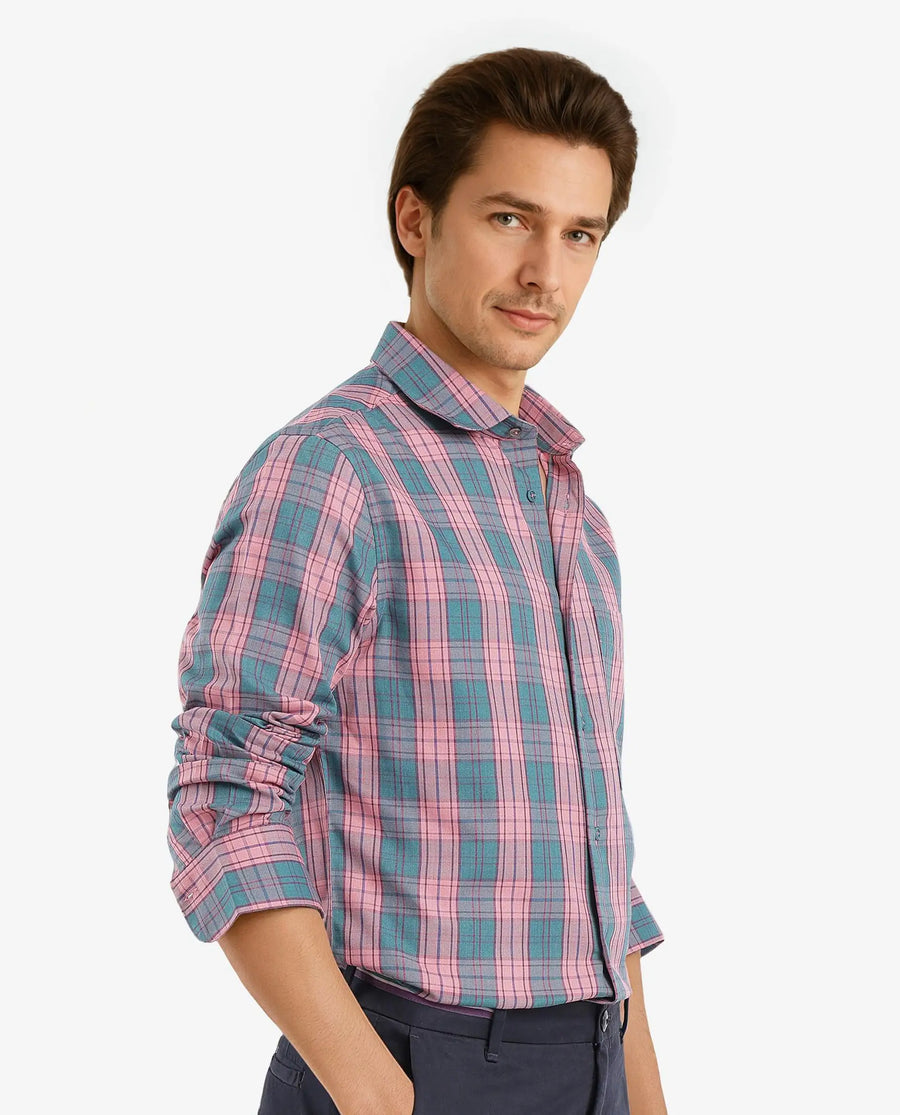 Rare Rabbit Men's Zamb Dark Turq Cotton Checked Print Oversized Fit Full Sleeve Collared Shirt