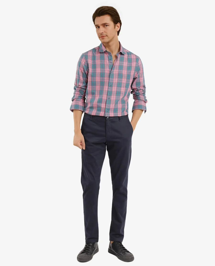 Rare Rabbit Men's Zamb Dark Turq Cotton Checked Print Oversized Fit Full Sleeve Collared Shirt