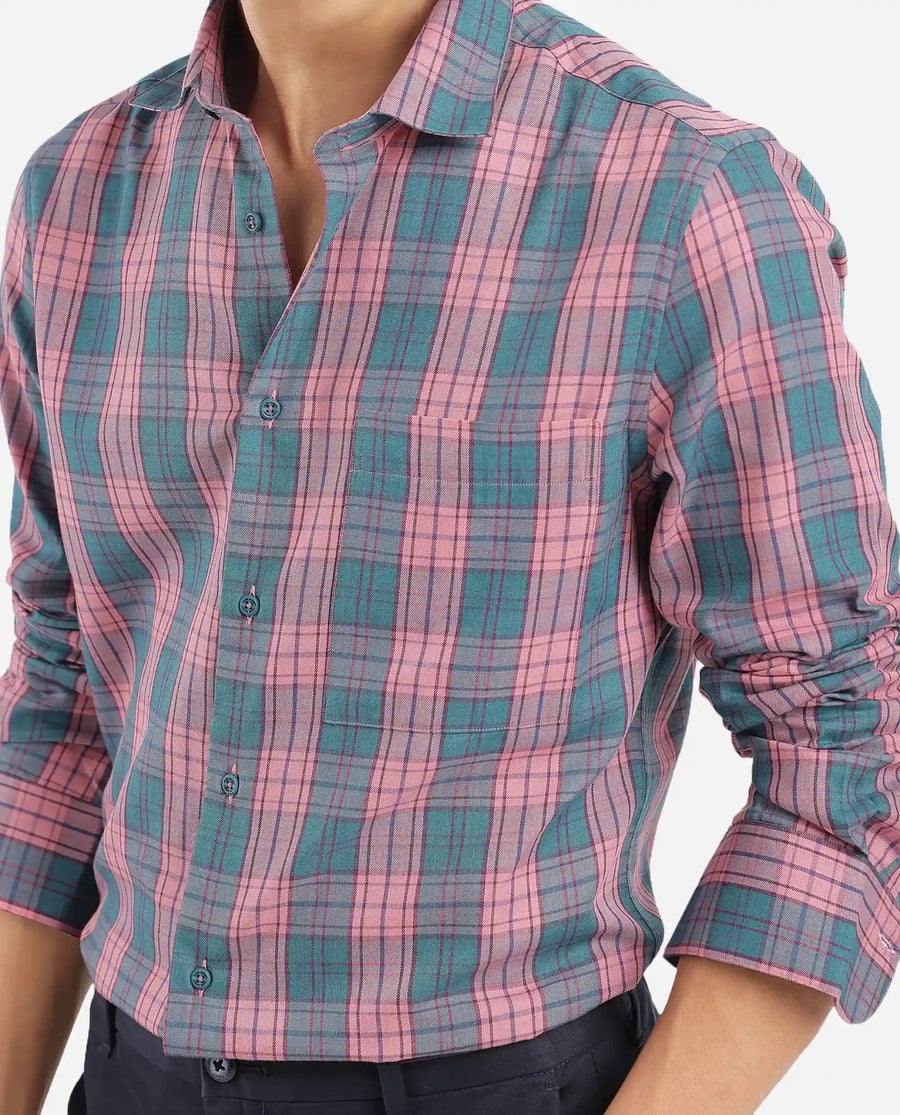 Rare Rabbit Men's Zamb Dark Turq Cotton Checked Print Oversized Fit Full Sleeve Collared Shirt