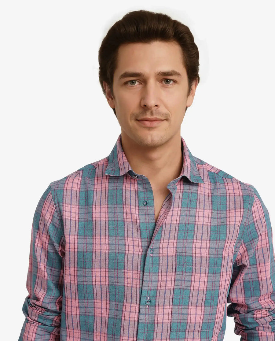 Rare Rabbit Men's Zamb Dark Turq Cotton Checked Print Oversized Fit Full Sleeve Collared Shirt