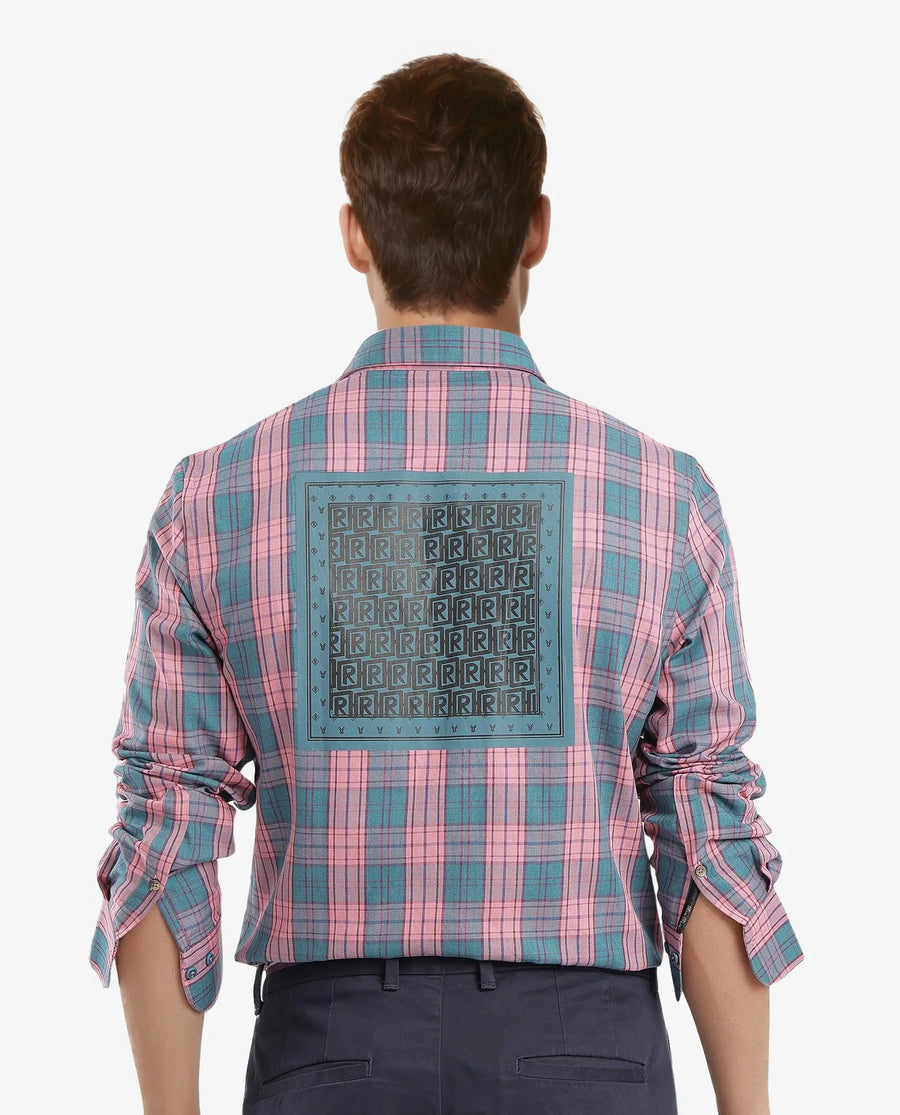 Rare Rabbit Men's Zamb Dark Turq Cotton Checked Print Oversized Fit Full Sleeve Collared Shirt