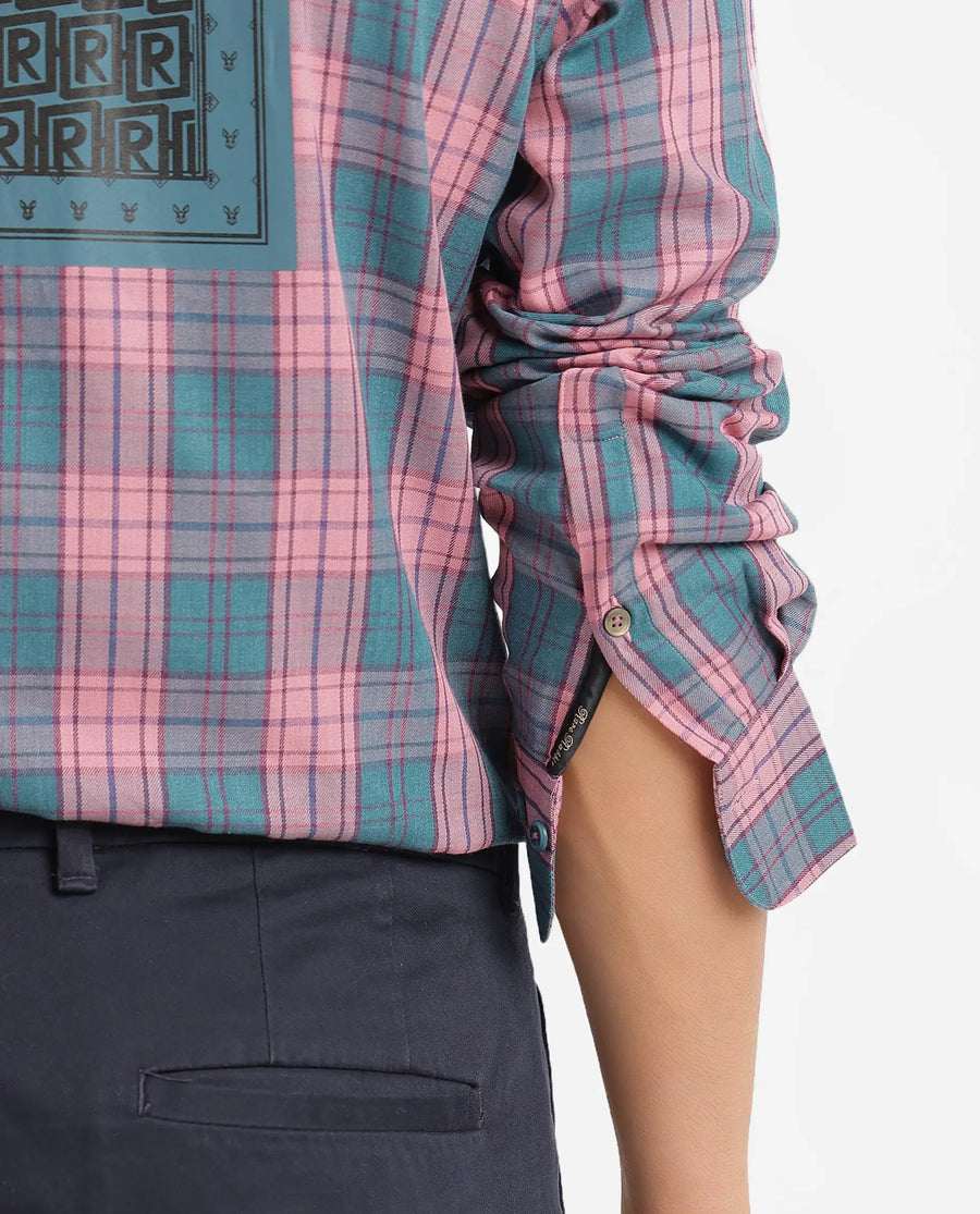 Rare Rabbit Men's Zamb Dark Turq Cotton Checked Print Oversized Fit Full Sleeve Collared Shirt