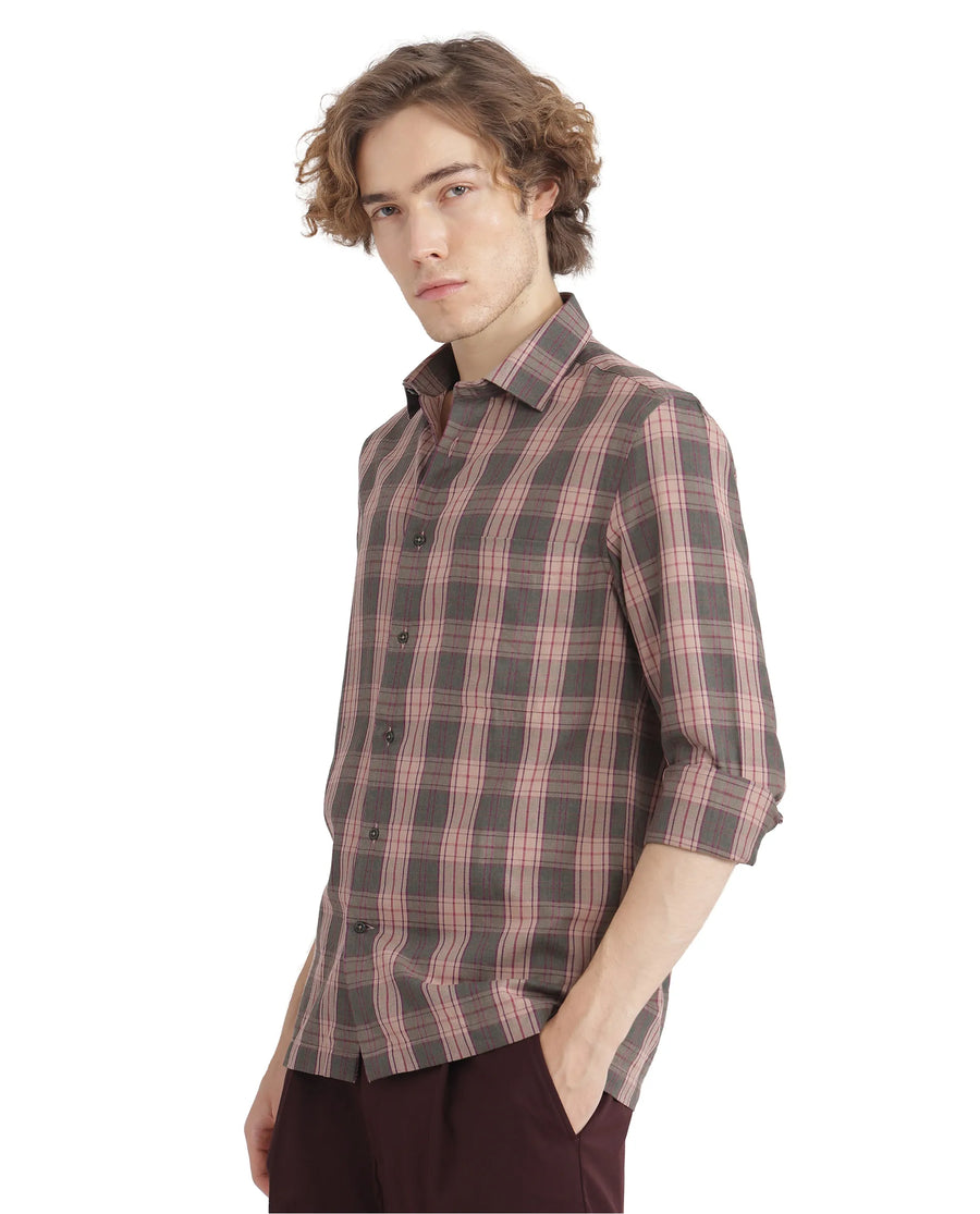 Rare Rabbit Men's Zamb Olive Cotton Checked Print Oversized Fit Full Sleeve Collared Shirt