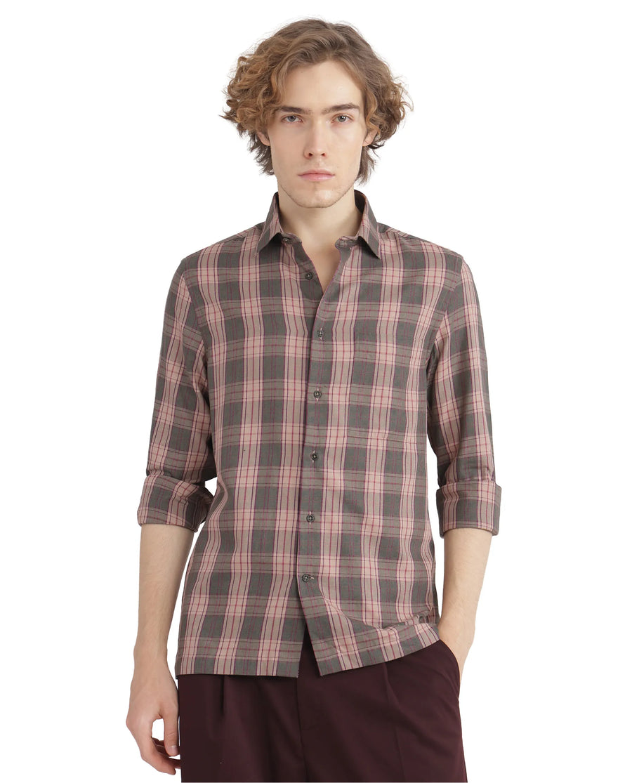 Rare Rabbit Men's Zamb Olive Cotton Checked Print Oversized Fit Full Sleeve Collared Shirt