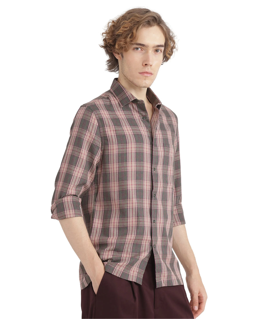 Rare Rabbit Men's Zamb Olive Cotton Checked Print Oversized Fit Full Sleeve Collared Shirt