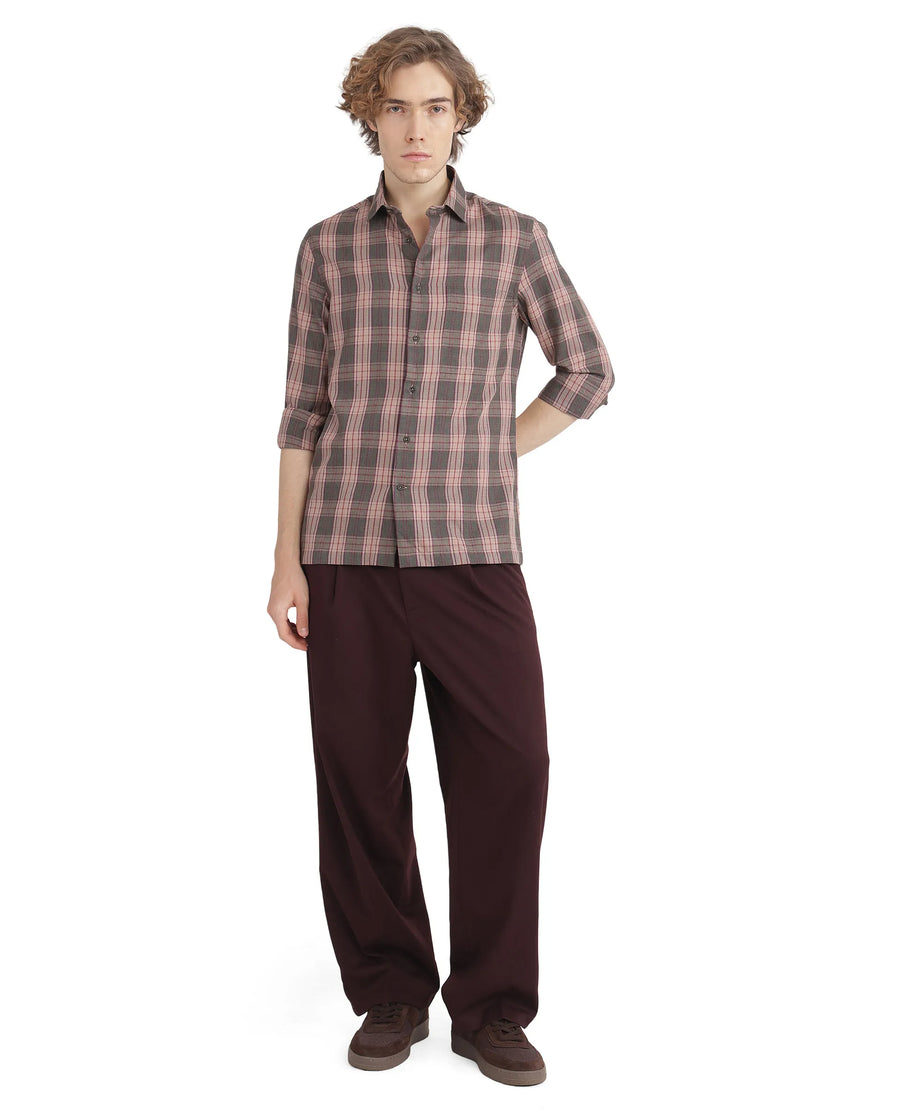 Rare Rabbit Men's Zamb Olive Cotton Checked Print Oversized Fit Full Sleeve Collared Shirt
