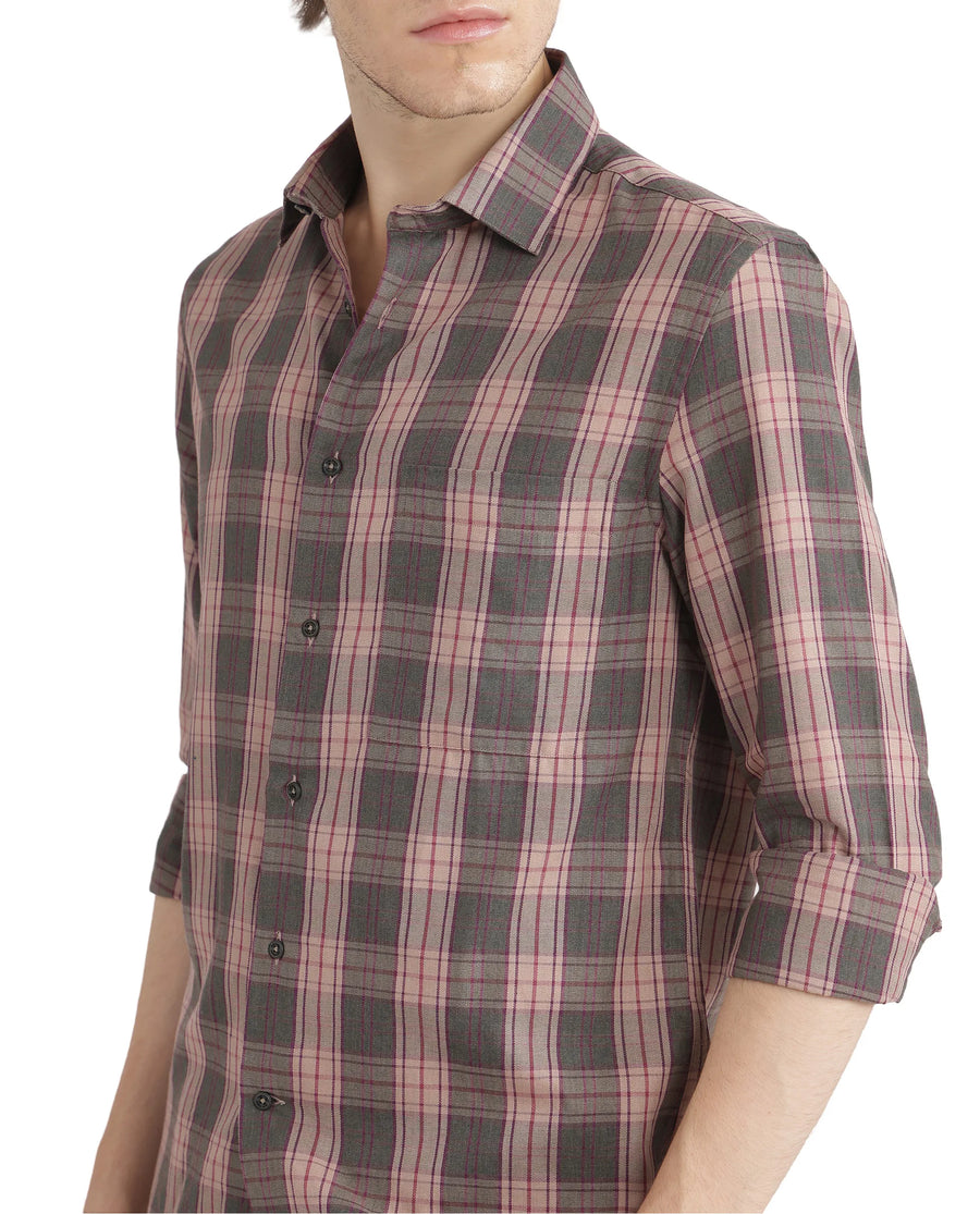 Rare Rabbit Men's Zamb Olive Cotton Checked Print Oversized Fit Full Sleeve Collared Shirt