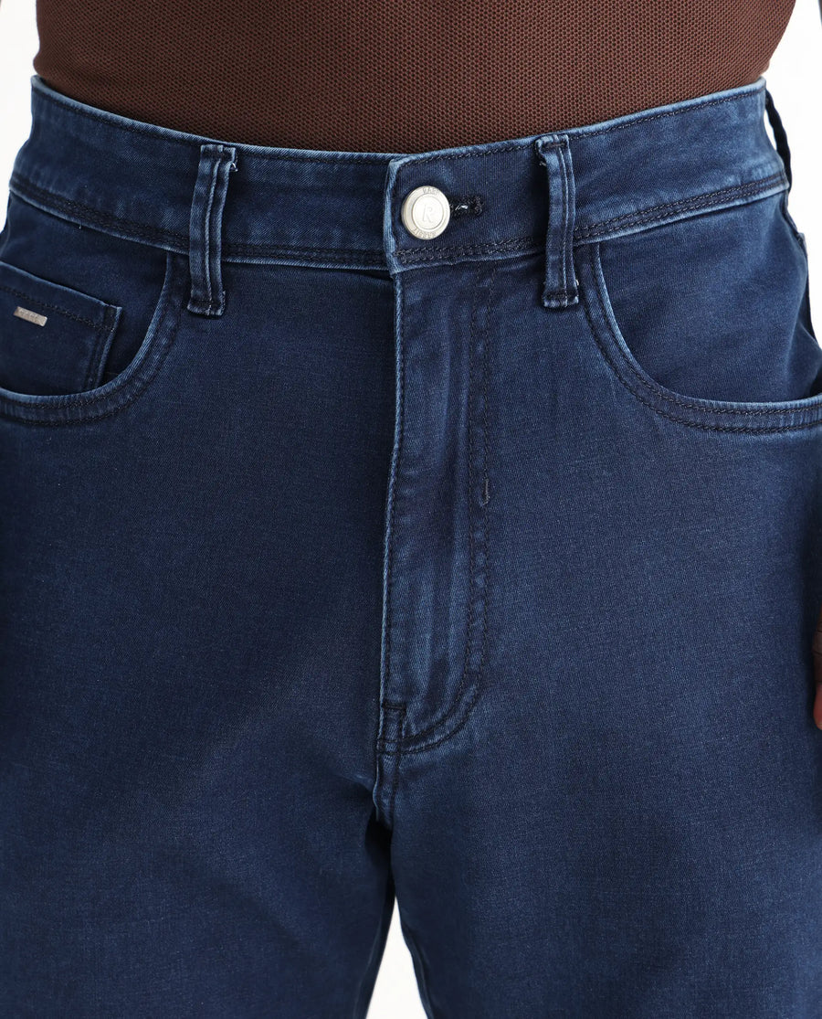 Rare Rabbit Men's Zane Dark Blue Cotton Plain Morris Regular Fit Jeans