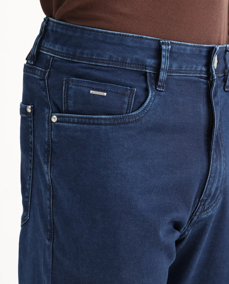 Rare Rabbit Men's Zane Dark Blue Cotton Plain Morris Regular Fit Jeans