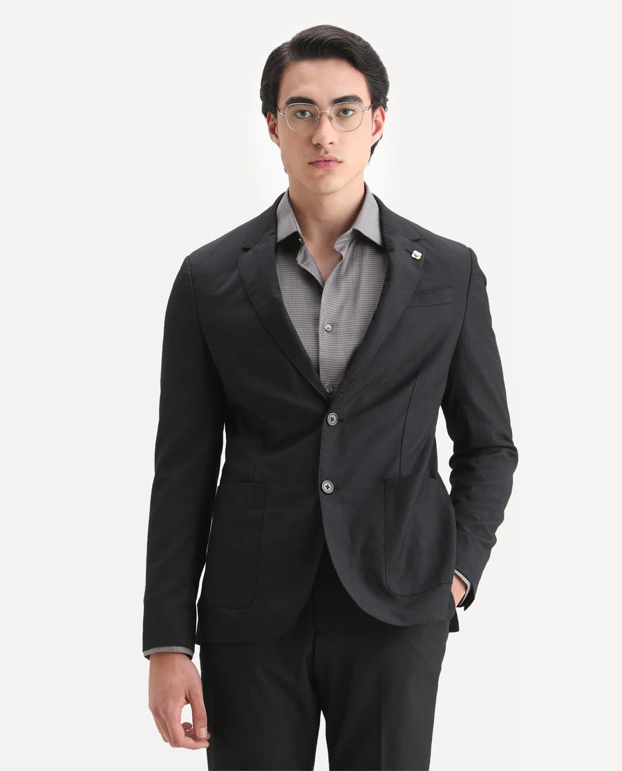 Rare Rabbit Men's Zanza Black Polyester Plain Tailored Fit Full Sleeve Lapel Neck Suits