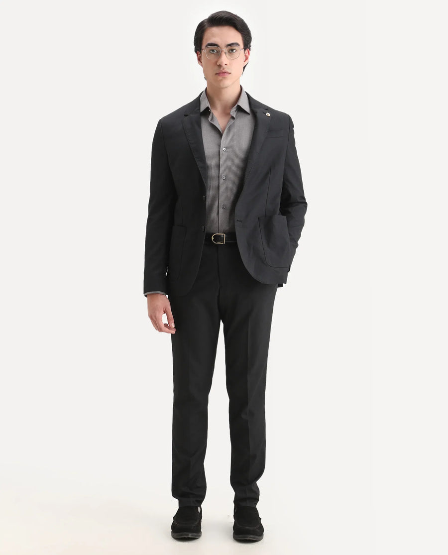 Rare Rabbit Men's Zanza Black Polyester Plain Tailored Fit Full Sleeve Lapel Neck Suits