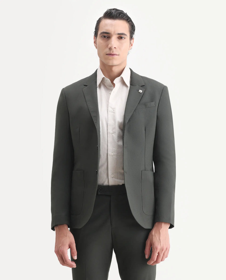 Rare Rabbit Men's Zanza Green Polyester Plain Tailored Fit Full Sleeve Lapel Neck Suits