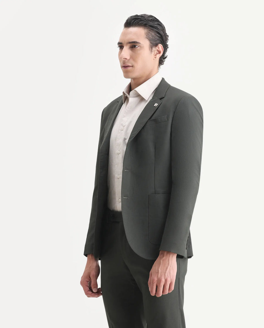 Rare Rabbit Men's Zanza Green Polyester Plain Tailored Fit Full Sleeve Lapel Neck Suits