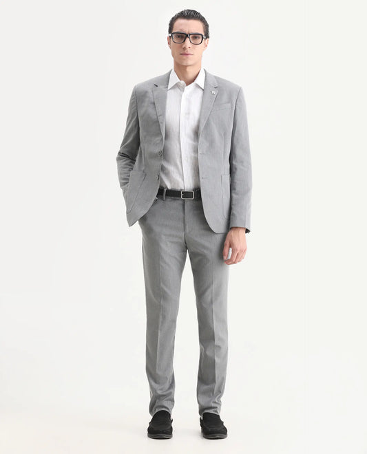 Rare Rabbit Men's Zanza Grey Polyester Plain Tailored Fit Full Sleeve Lapel Neck Suits