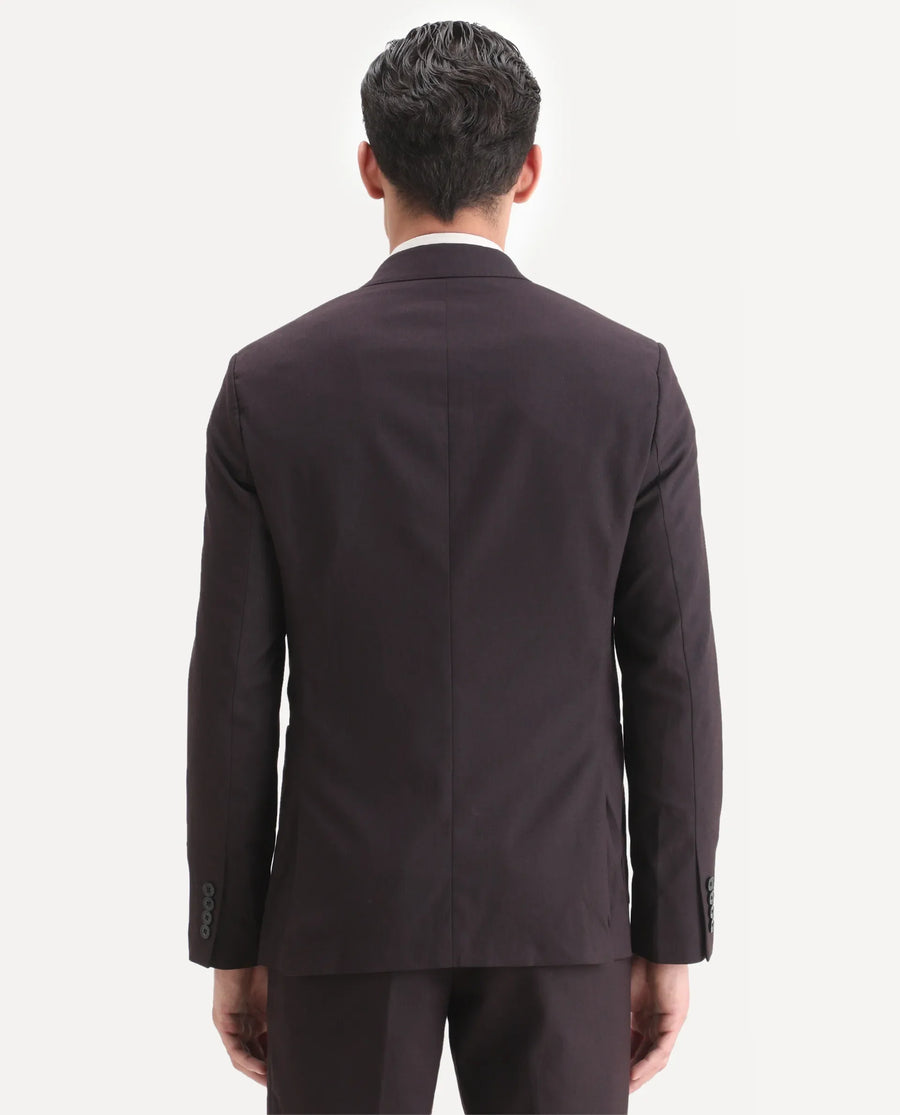 Rare Rabbit Men's Zanza Maroon Polyester Plain Tailored Fit Full Sleeve Lapel Neck Suits