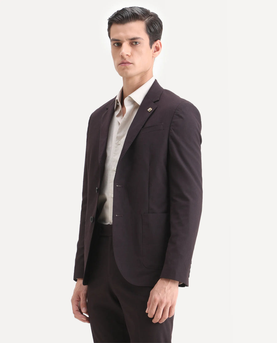 Rare Rabbit Men's Zanza Maroon Polyester Plain Tailored Fit Full Sleeve Lapel Neck Suits