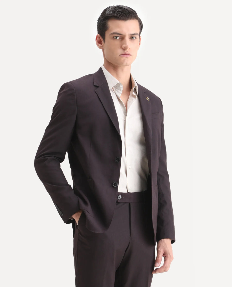 Rare Rabbit Men's Zanza Maroon Polyester Plain Tailored Fit Full Sleeve Lapel Neck Suits