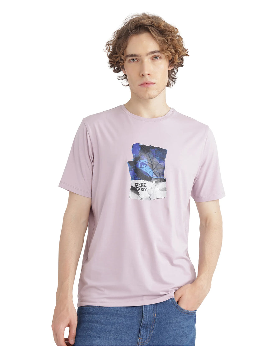 Rare Rabbit Men's Zarf Dusky Pink Cotton Blend Graphic Print Regular Fit Half Sleeve Crew Neck T-Shirt