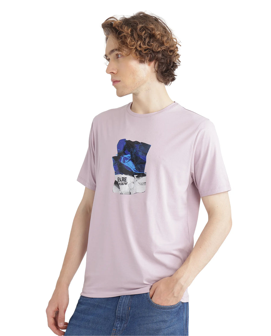 Rare Rabbit Men's Zarf Dusky Pink Cotton Blend Graphic Print Regular Fit Half Sleeve Crew Neck T-Shirt