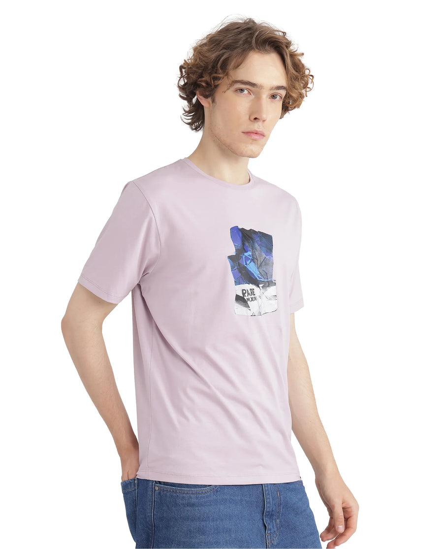 Rare Rabbit Men's Zarf Dusky Pink Cotton Blend Graphic Print Regular Fit Half Sleeve Crew Neck T-Shirt